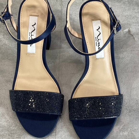 NINA Women's New Navy Satin Haven Rhinestone Ankle-Strap Block-Heel Sandals - Picture 8 of 10